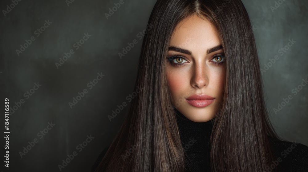 Fototapeta premium Portrait of a beautiful young woman with long dark hair and striking green eyes, showcasing natural makeup and an elegant demeanor against a textured backdrop
