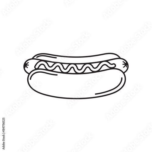 A simple line drawing of a hot dog with wavy condiments on a bun