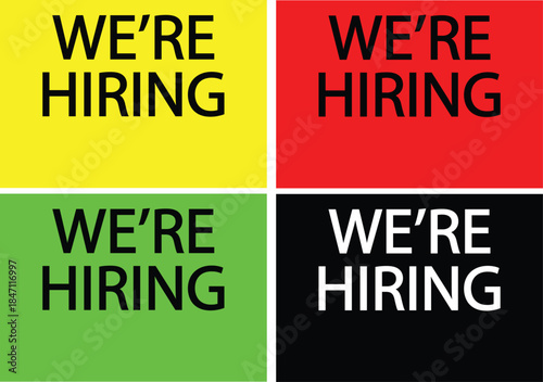 Shop now buttons and hiring signs in vibrant colors. Perfect for e-commerce and recruitment campaigns. Vector graphics for web design. 