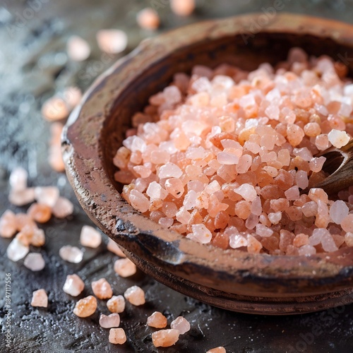 Pink Himalayan Salt Crystals in Brown Ceramic Bowl on Dark Wooden Table
