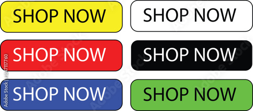 Colorful SHOP NOW button collection for e-commerce websites and digital marketing campaigns. Various background colors with contrasting text. 
