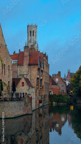 Medieval architecture on the autumn streets of historic center of Bruges, Belgium, October 20, 2025.
