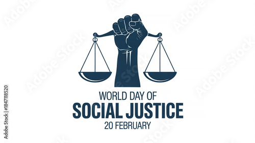 A graphic illustration for world day of social justice on 20 february featuring a raised fist holding scales.