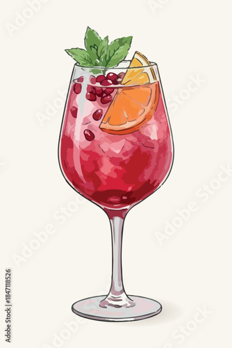 Pomegranate spritz cocktail vector illustration isolated on light background