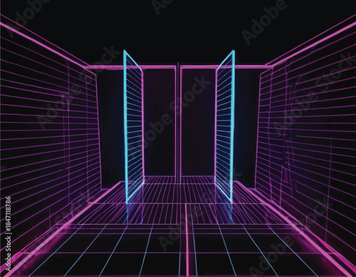 Futuristic Neon Grid Portal Entrance.