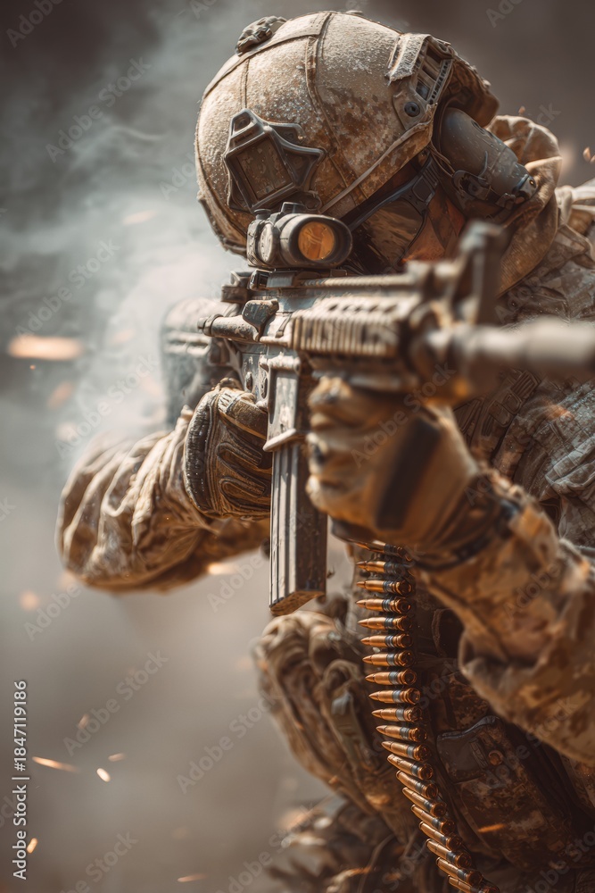 Obraz premium Tactical Soldier Firing Rapid-Fire Weapon in Foggy Battlefield