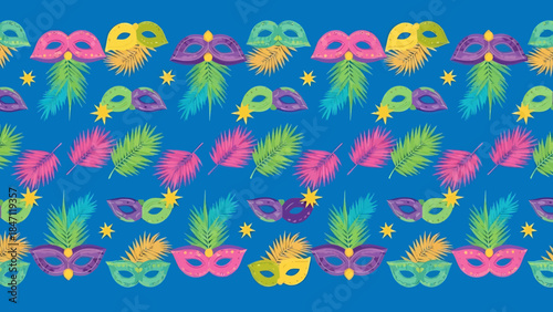 Colorful Masquerade Masks and Tropical Leaves Pattern Design