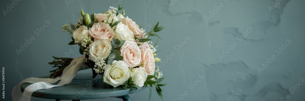 Fototapeta premium Wedding bouquet with delicate pink and cream roses. The background is a delicate turquoise color. A banner with space for the text.