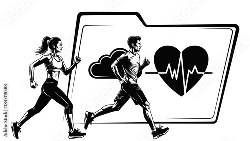 Running man and woman, vector silhouettes. Silhouettes of athletic looking male and female runners running. Concept of health monitoring and storage of medical data in the cloud. Transparent SVG.