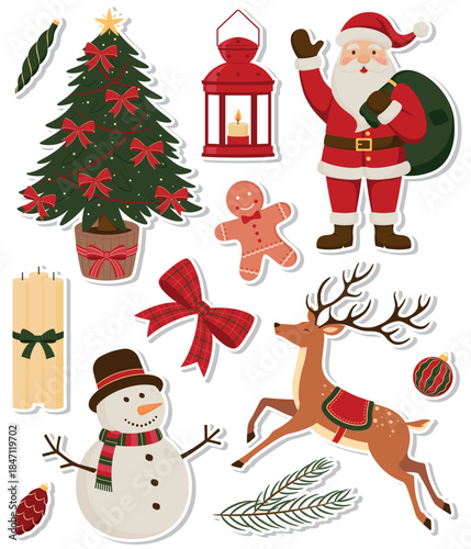 Vector winter season sticker pack. Christmas festive symbols and design elements - Christmas tree, lantern, Santa Claus, candles, gingerbread cookie, bow, snowman, reindeer, spruce branch and tree orn