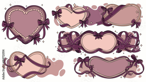 Set of decorative frames and banners with bows and sparkles in a vintage pastel purple color palette, ideal for invitations or scrapbooking