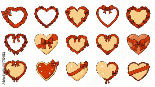 Collection of Heart-Shaped Frames and Borders Decorated with Red Ribbons and Bows, Perfect for Valentine's Day Designs