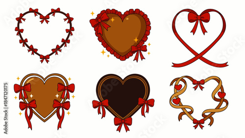 Set of Decorative Heart Frames with Red Bows and Ribbons, Valentine's Day Elements, Cute Design