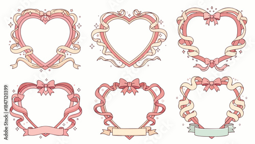 Set of six charming heart-shaped frames adorned with delicate pastel pink ribbons and bows, perfect for romantic designs, invitations, and decorative projects.