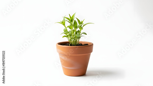 Young green plant in simple pot, sustainability and eco concept, isolated on white background
