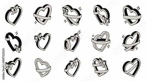 Collection of stylized heart icons with ribbons and bows, perfect for Valentine's Day or love-themed designs.