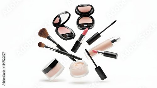 Generic makeup products floating, beauty concept, no brand, isolated on white background