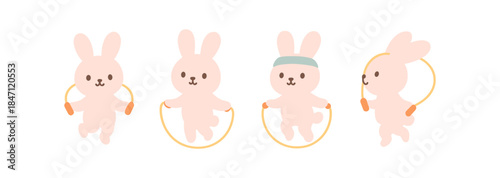 Cute cartoon bunnies jump roping in minimalist style for kids' fitness fun