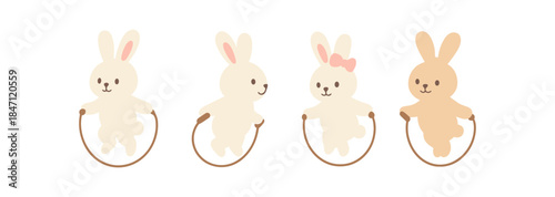 Cute cartoon bunnies skipping rope in pastel colors