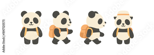 Cute panda characters with backpacks and hat in flat style