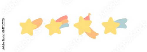 Whimsical star icons with colorful trails on white background