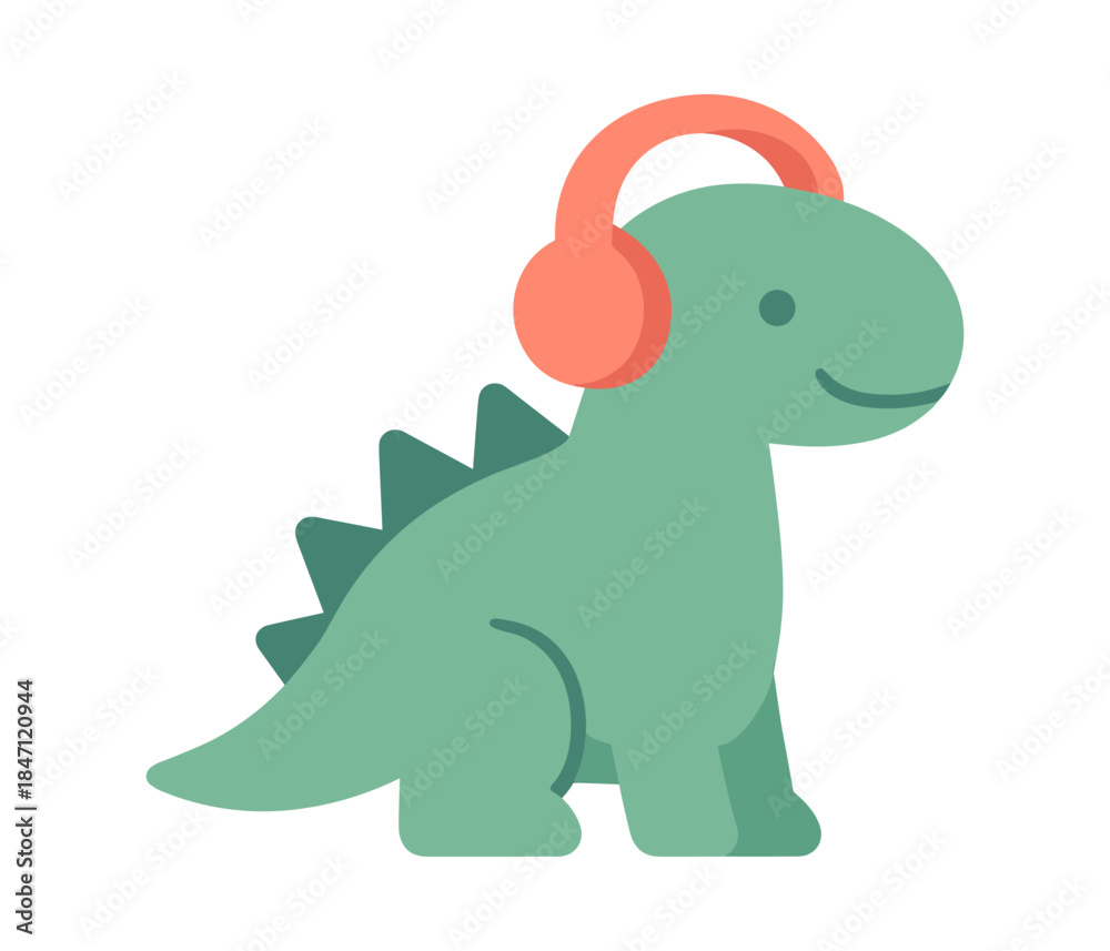 Obraz premium Cute cartoon dinosaur with headphones in flat style