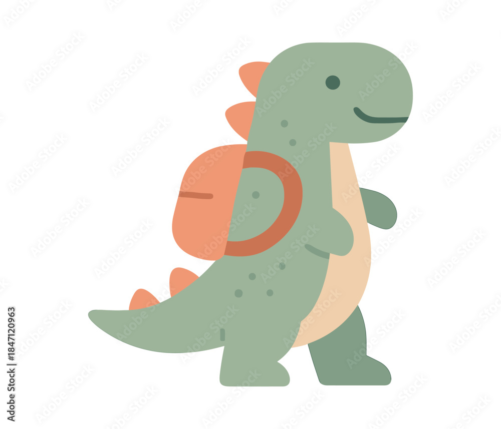 Fototapeta premium Cute cartoon dinosaur with backpack walking in flat design