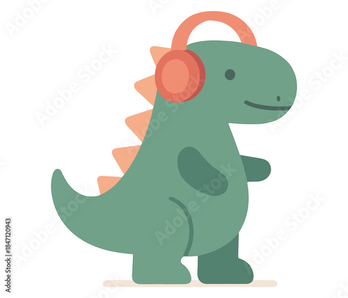 Cute dinosaur with headphones in minimalist flat design
