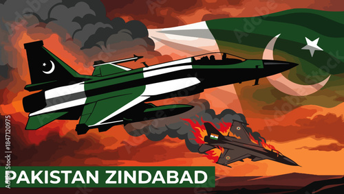 Pakistani Fighter Jet Victory, Bold Patriotic Aerial Combat Illustration, pakistani fighter jet illustration, pakistani flag jet, aerial combat vector, patriotic military art, pakistani pride image, 