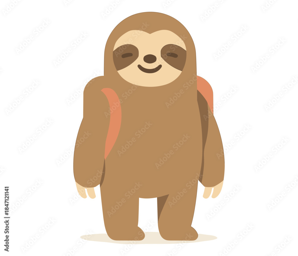 Obraz premium Cute smiling sloth character with backpack in flat style