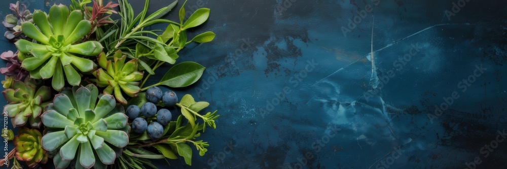 Fototapeta premium Fresh green succulents and leafy grass on a dark blue background. A banner with space for the text.