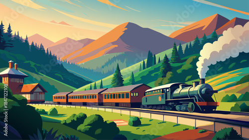 Very beautiful scenic view of Cass Scenic Railroad State Park, featuring historic trains surrounded by lush green forests, soft bokeh highlights, and a peaceful atmosphere celebrating heritage and nat