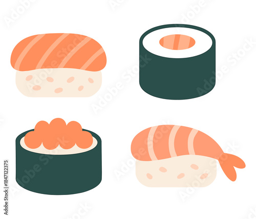 Simple flat sushi icons set with nigiri and maki rolls on white background