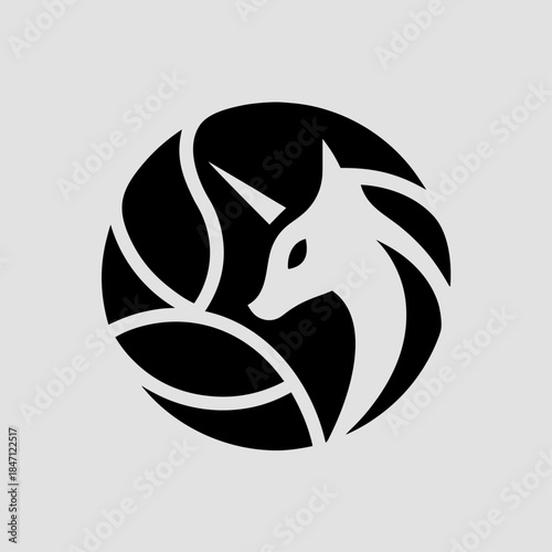 Unicorn head badge, black glyph symbol of a horse with a horn in a circle. Strong mythical animal logo for modern design.