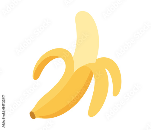 Minimalist yellow banana with peeling skin on white background
