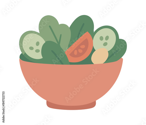 Fresh vegetable salad in minimalist bowl with cucumber, tomato, spinach