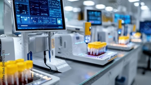 Wallpaper Mural Automated laboratory equipment conducting precise blood sample analyses in a sterile medical research environment with digital monitoring systems. Torontodigital.ca