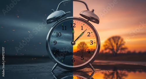 Split view shows clock during day, night. Concept daylight saving time. Clock face shows time. Daytime side displays sunset sky. Nighttime side shows dark with sparkles.