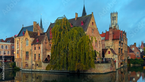Medieval architecture on the autumn streets of historic center of Bruges, Belgium, October 20, 2025.