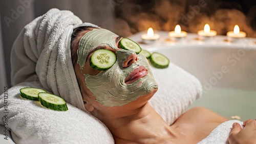 Woman with Clay Face Mask and Cucumbers Relaxing in Spa Bath