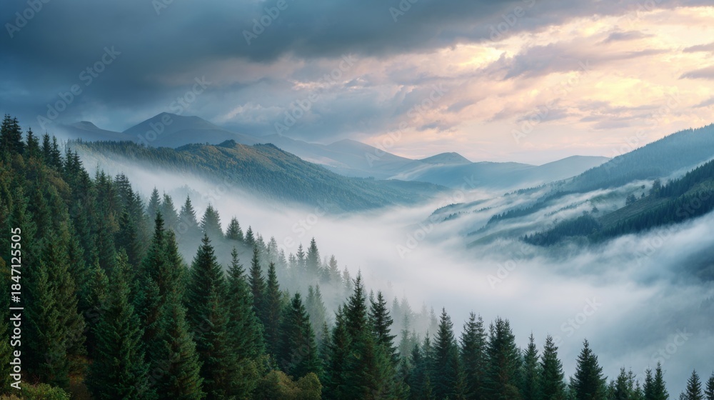 Obraz premium Serene Mountain Landscape at Dawn with Dense Fog and Lush Green Pine Forests Under Dramatic Cloudy Sky in a Peaceful Natural Setting