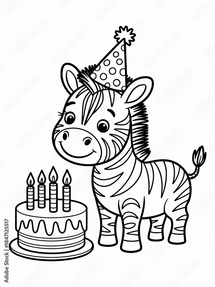 Naklejka premium A zebra wearing a party hat stands next to a birthday cake with five lit candles.