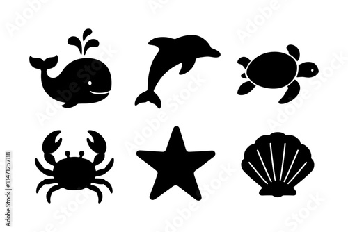 Silhouette sea animal icons: whale, dolphin, turtle, crab, starfish, shell