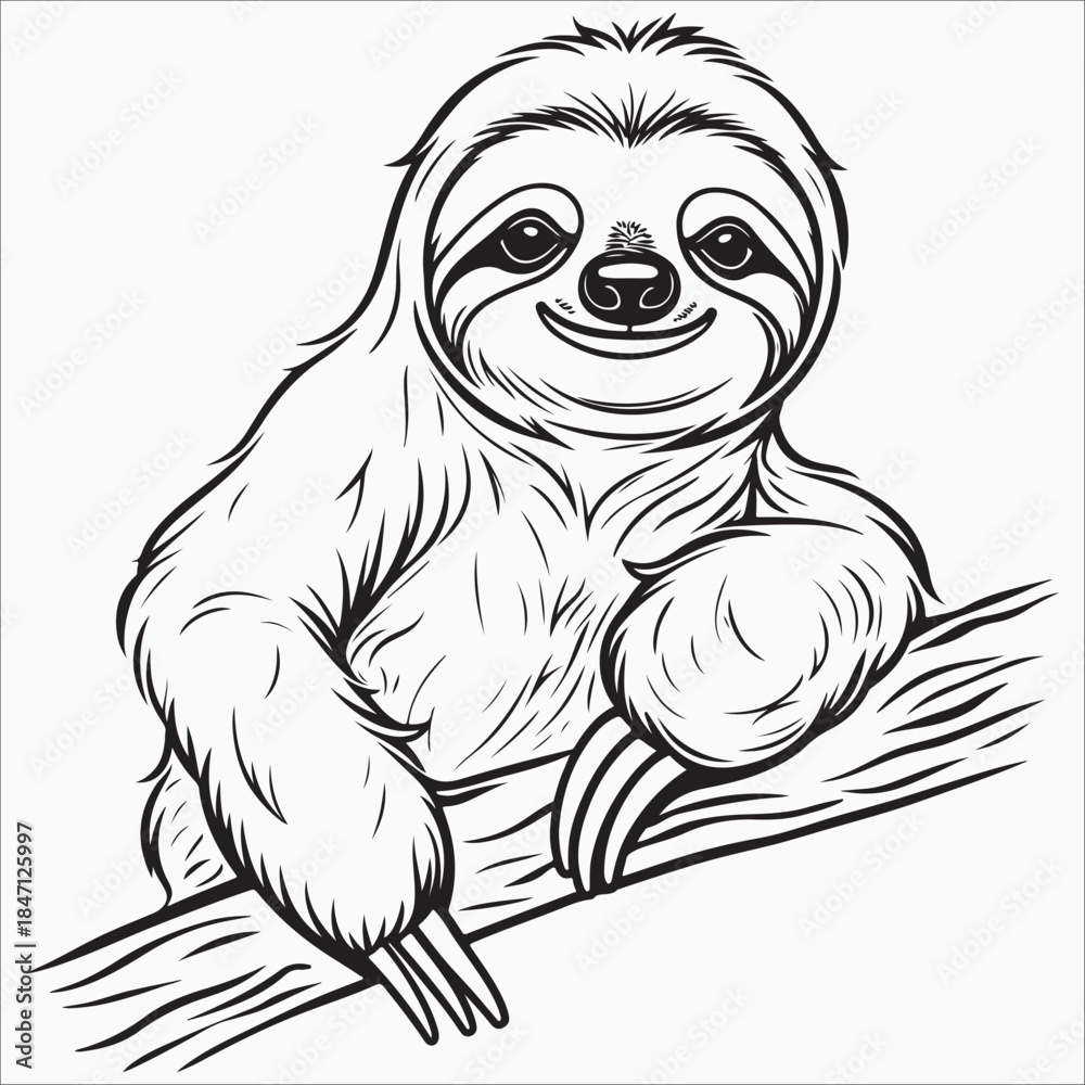 Obraz premium Smiling sloth on a branch silhouette vector illustration