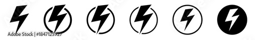 Electric Power Icon Set. Lightning Bolt in Circle Symbols.