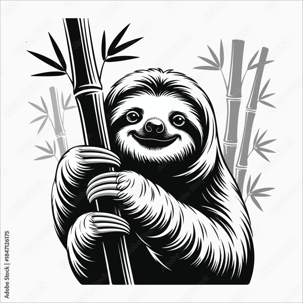 Obraz premium Smiling sloth hanging from bamboo silhouette vector illustration