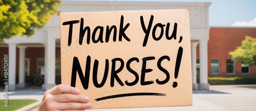 Appreciation Message: A hand proudly displays a sign that expresses gratitude, offering sincere thanks to the nursing community for their invaluable service. The message.