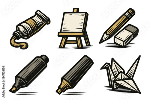Vintage art supplies collection with ink drawing style featuring paint, canvas, pencil, marker, and origami
