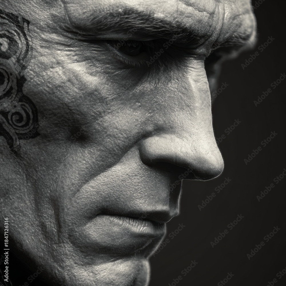Obraz premium Close-up of a Tattooed Man's Face in Black and White