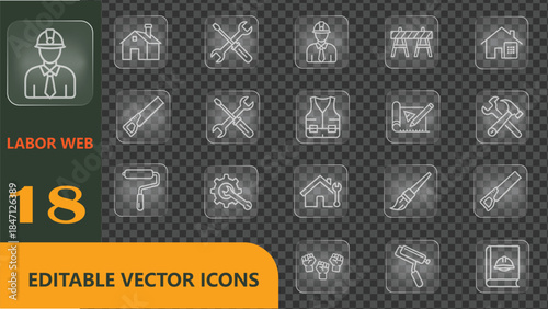 Modern Vector Labor and Construction Industry Icons Set with Glowing Outline Tools for Web Design and App Development